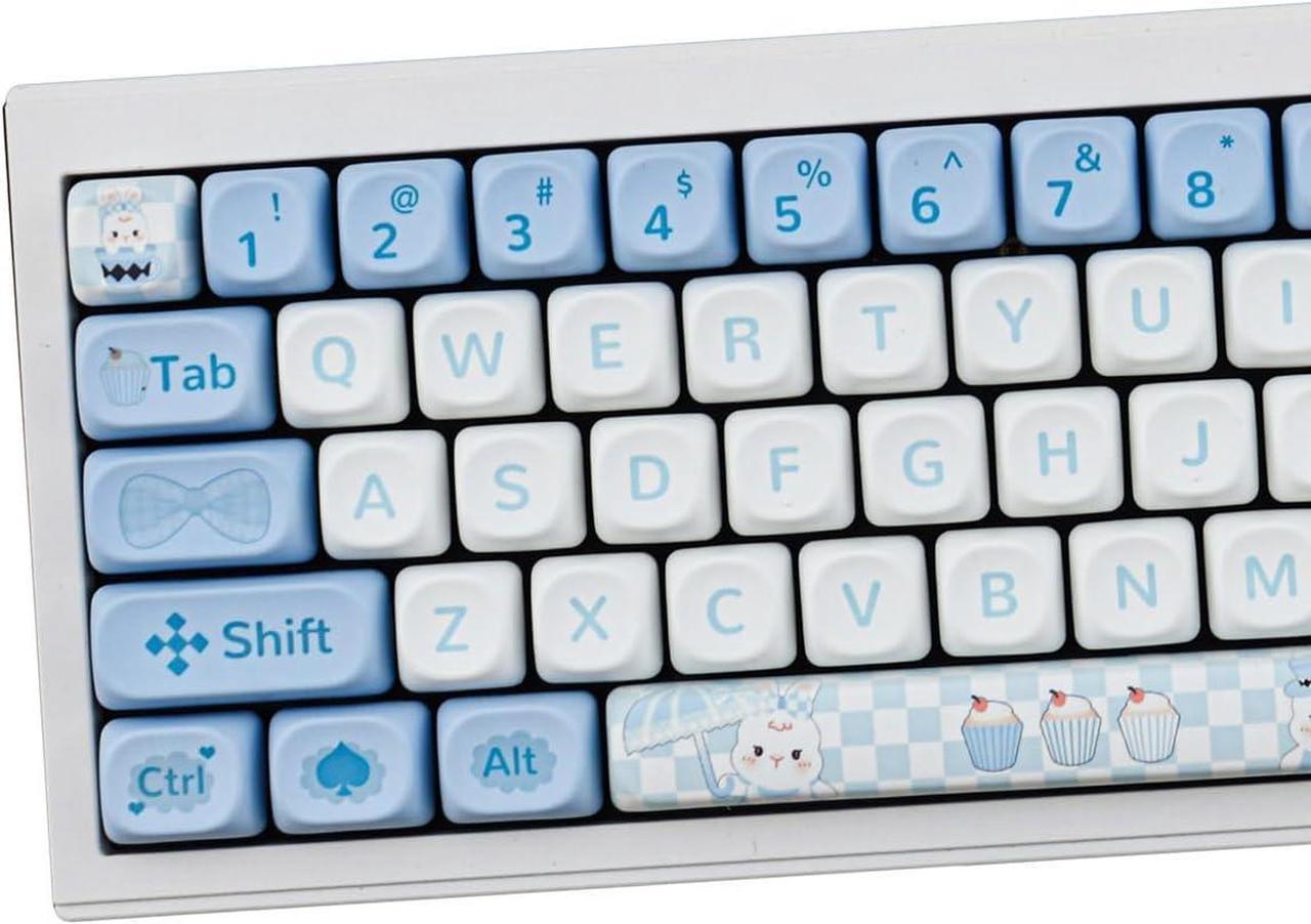 SUEHIODHY PBT Alice Rabbit Keycaps Set MOA Profile Blue White Cute Keycaps 145 Keys Custom Dye-Sublimation Keyboard Keycaps for 60% 65% 70% 75% 100% Cherry Gateron MX Switches Mechanical Keyboards