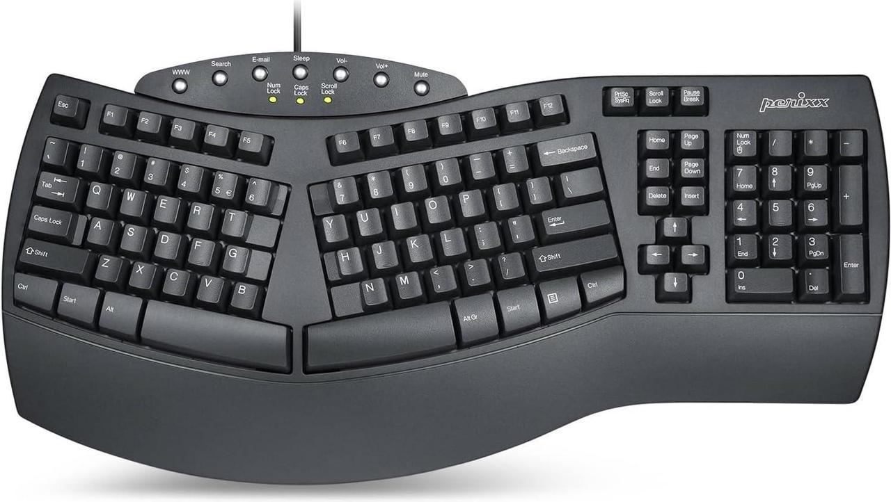 Perixx PERIBOARD-512 Ergonomic Split Keyboard - Natural Ergonomic Design - Black - Bulky Size 19.09"x9.29"x1.73"