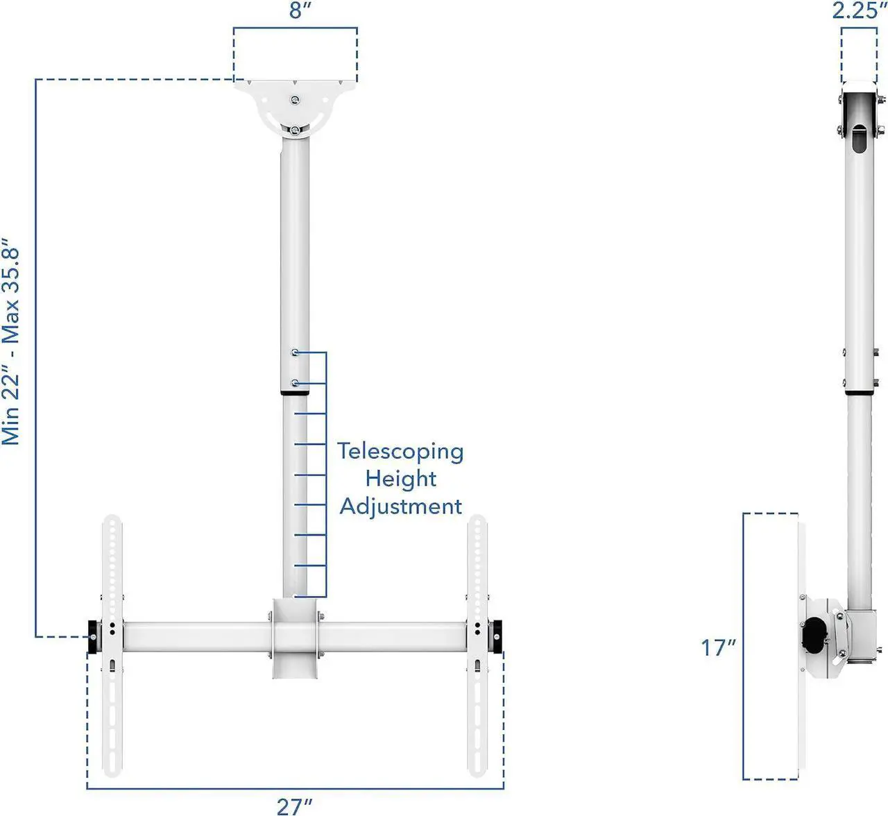 Alt view image 3 of 7 - Full Motion Ceiling TV Mount Bracket, Adjustable Height 360 Deg Swivel Tilt Mount for Home and Commercial Use, Fits up to 75 Inch TVs, 110 Pound Capacity, White