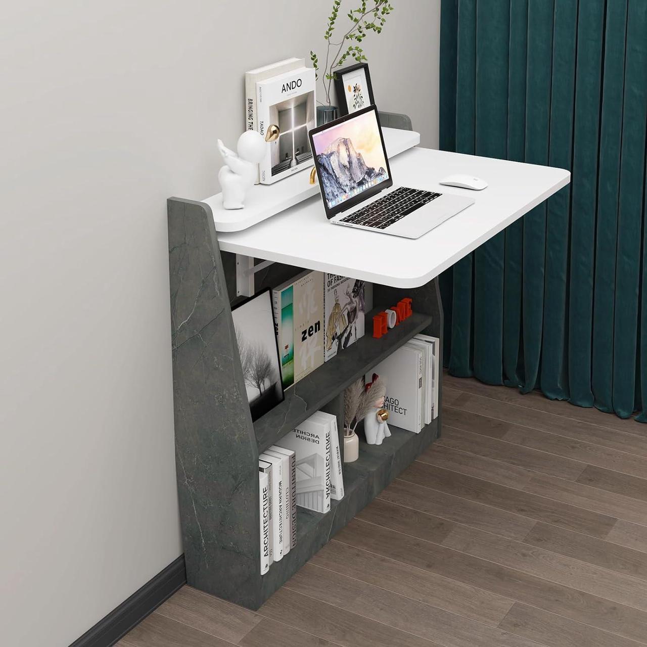 Pmnianhua Murphy Desk,Wall Mounted Table,Folding Wall Desk,Drop Leaf Table with Storage for Bedroom Study Room Small Space (dark grey+white)