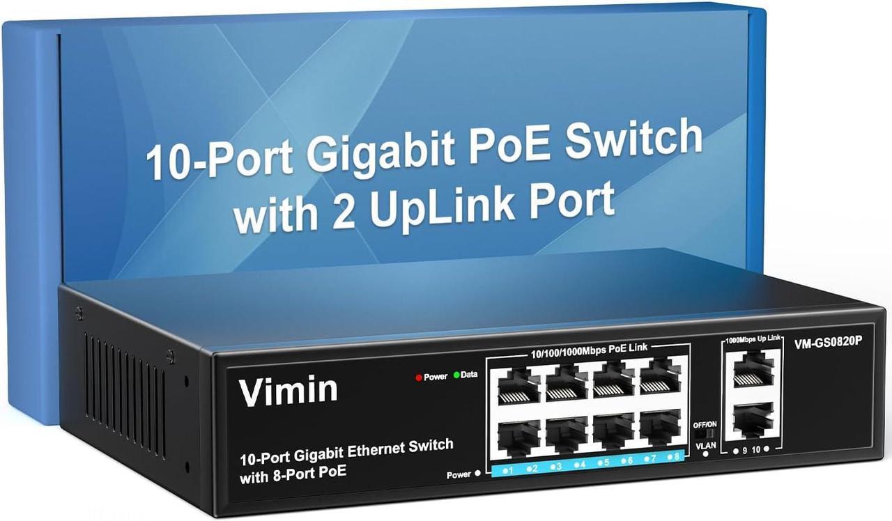 VIMIN 8 Port Gigabit PoE Switch with 2 Uplink Gigabit Ports, 10 Port Unmanaged Ethernet PoE Switch with 120W Power, Support IEEE802.3af/at, VLAN, Metal Housing, Desktop or Wall-Mount, Plug & Play