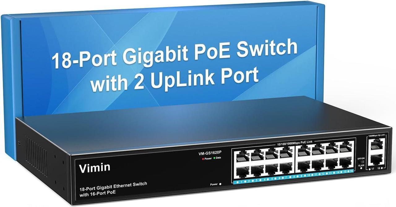 VIMIN 16 Port Gigabit PoE Switch with 2 Uplink Gigabit Ports, 18 Port Unmanaged Ethernet PoE Switch with 250W Power, Support IEEE802.3af/at, VLAN, Metal Housing, 19 inch Rack-Mount, Plug & Play