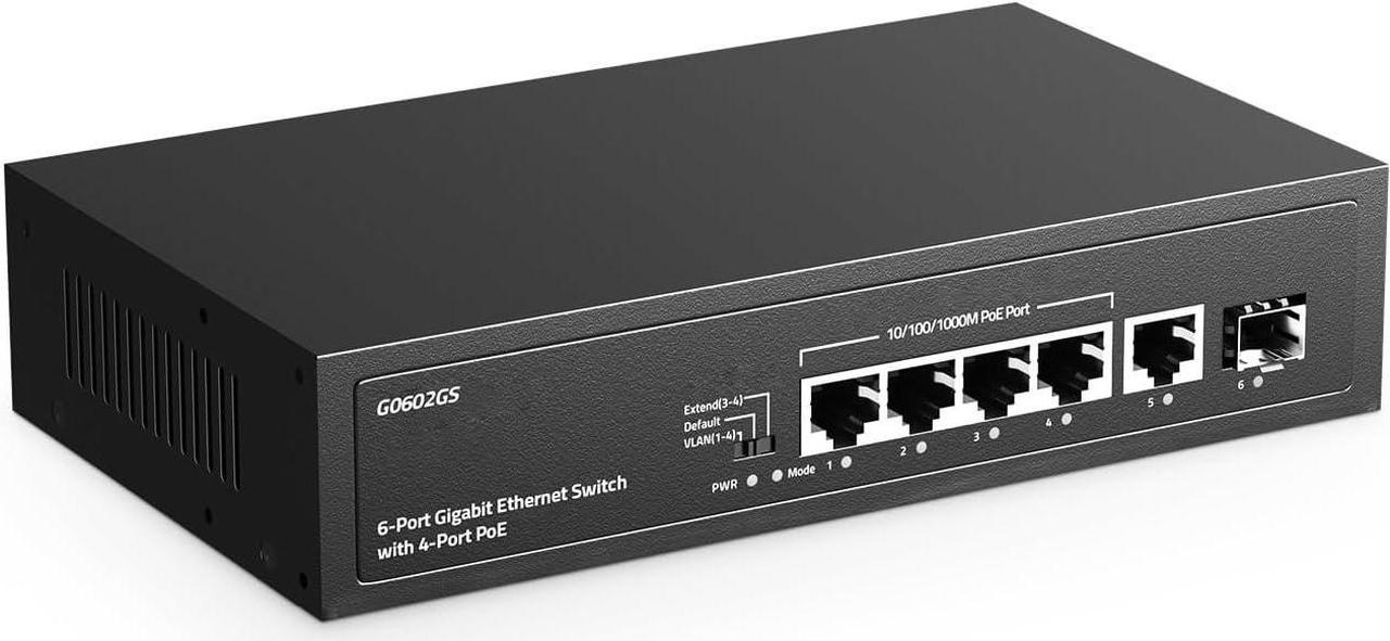 YuLinca 6 Port Gigabit PoE Switch, 4 PoE 1 Uplink 1 SFP, 100/1000Mbps, IEEE802.3af/at, Max 65W, Port-Based VLAN, 250m PoE Extend, Fanless Unmanaged Ethernet Switch