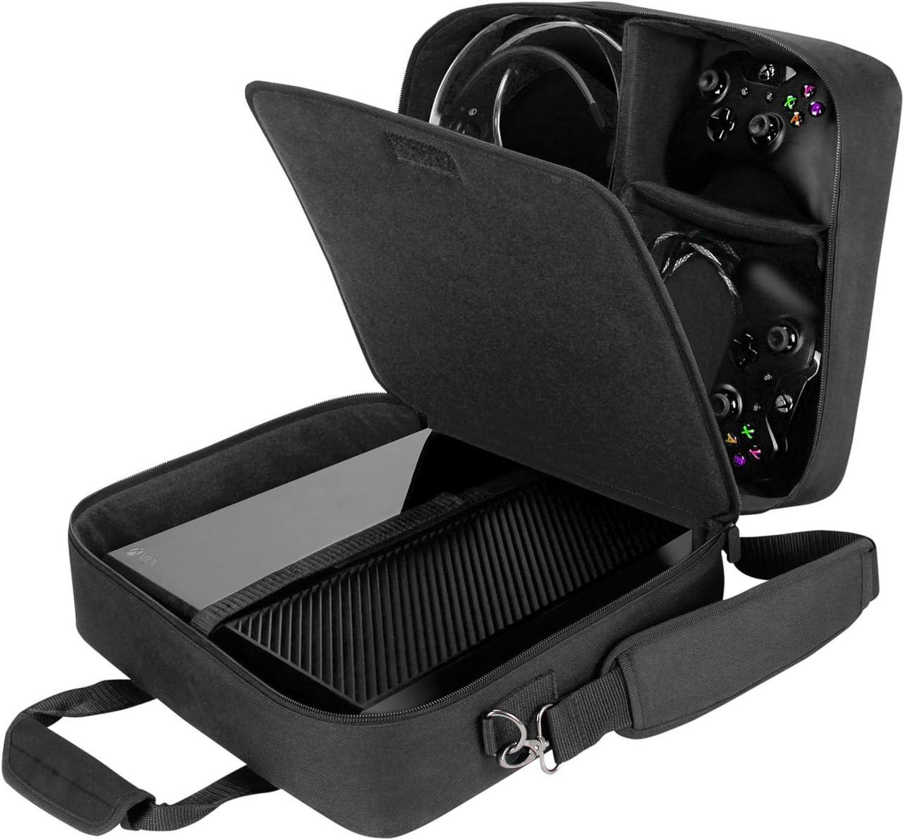 USA GEAR Game Console Carrying Case Compatible with All Xbox and PS models - Accessory Storage for Controllers, Cables, Headsets and Padded Shoulder Strap - Black