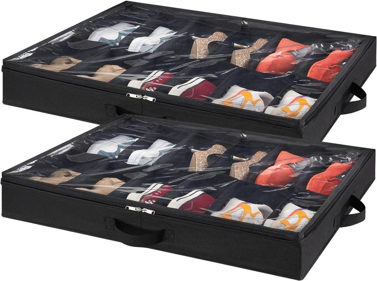 Lifewit Under Bed Shoe Storage Organizer Set of 2, Foldable Fabric Shoes Container Box with Clear Cover See Through Window Storage Bag with 2 Handles Total Fits 24 Pairs of Shoes, Black