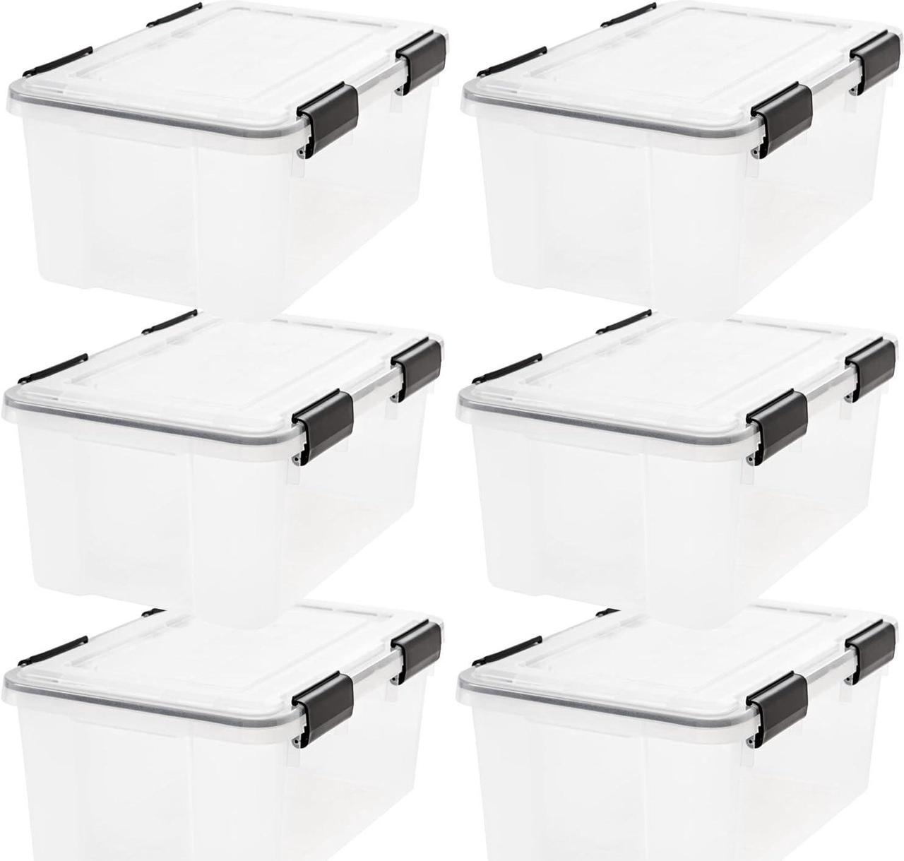 IRIS USA 18 L (19 US Qt) WEATHERPRO Plastic Storage Box with Durable Lid and Seal and Secure Latching Buckles, 6 Pack, Keep Dust and Moisture Out, Clear/Black