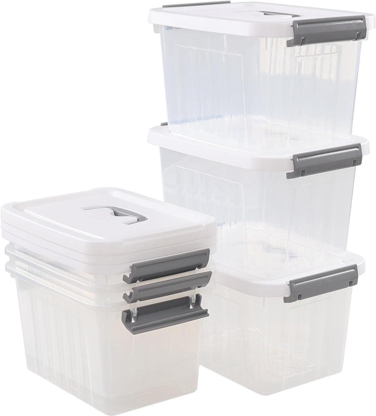 Sandmovie 6 Liter Small Plastic Clear Storage Bin with White Lid and Grey Handles, Portable Latch Box, 6 Packs