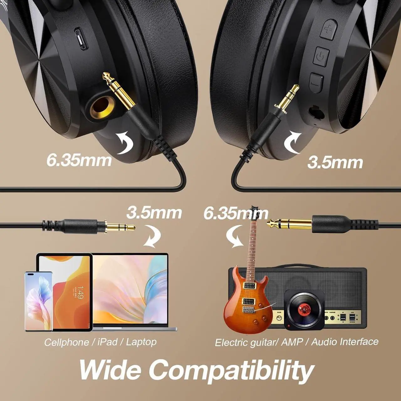Alt view image 4 of 7 - OneOdio A70 Bluetooth Over Ear Headphones, Wireless Headphones w/ 72H Playtime, Hi-Res, 3.5mm/6.35mm Wired Audio Jack for Studio Monitor & Mixing DJ Guitar AMP, Computer Laptop PC Tablet - Black