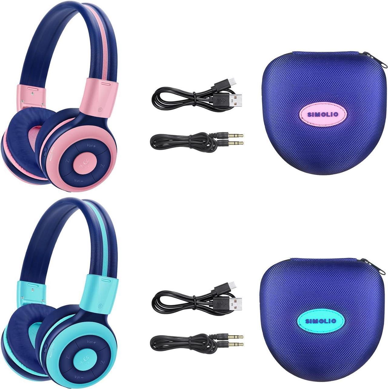 2 Pack of SIMOLIO Wireless Bluetooth Headphones for Kids with 75dB,85dB,94dB Volume Limit, Kids Headphone with Mic & Hard Case, Children Headphones with Share Jack for Girls Boys,Toddlers (Pink+Mint)