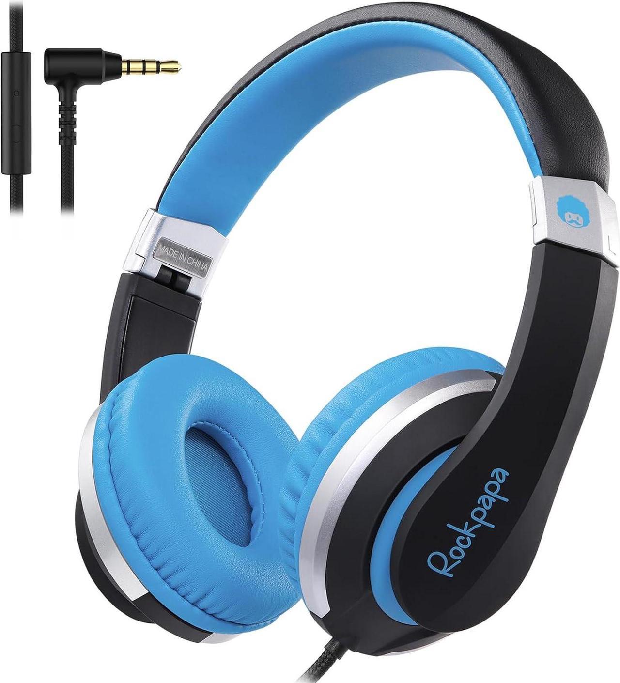 Rockpapa I20 Wired Headphones, Wired Headset Over Ear Stereo Headphones with Microphone for Kids Children Adult, Adjustable Headband, Foldable Headphones for Travel/PC/Mac/Laptop/Phone (Black Blue)