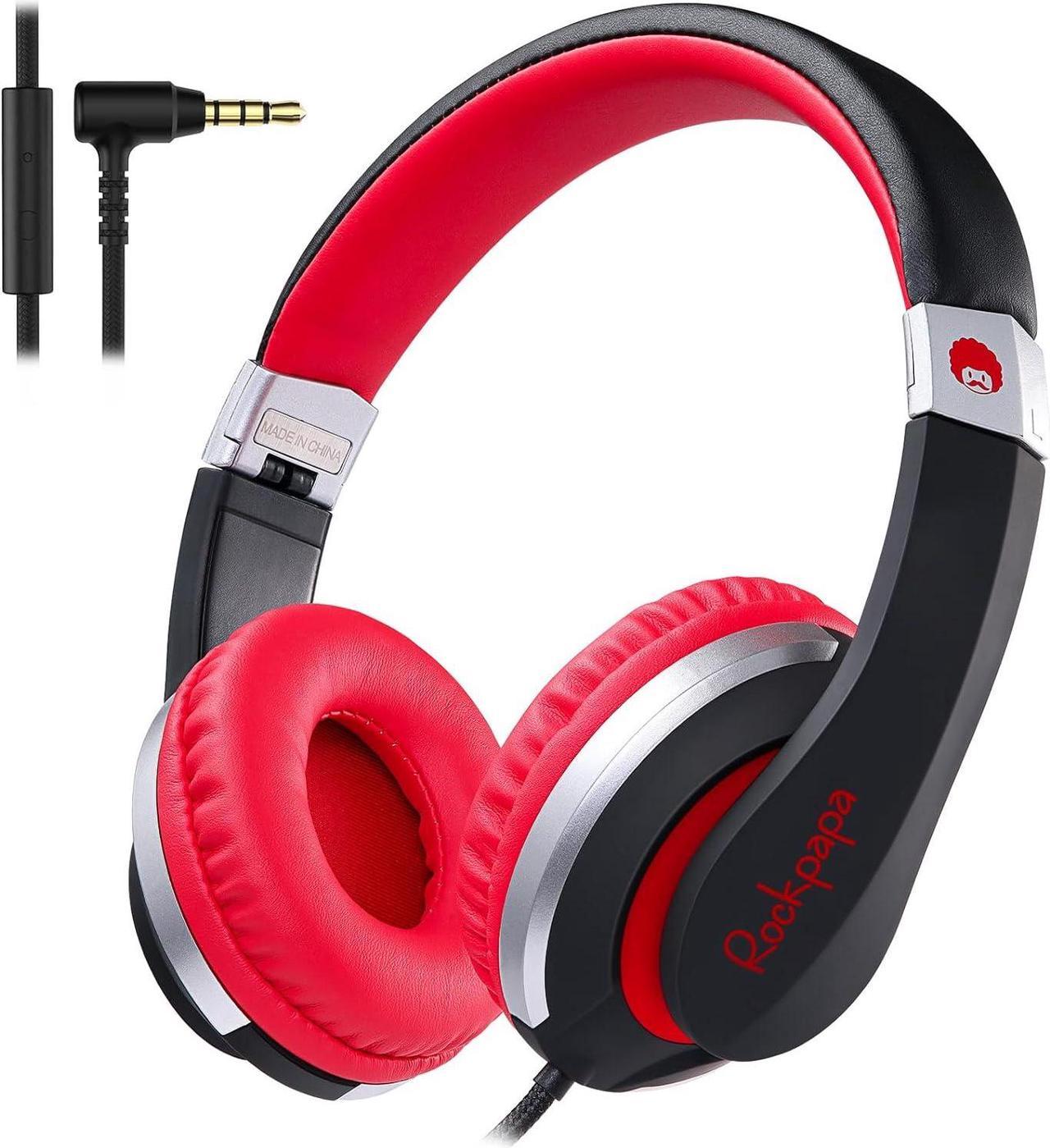 Rockpapa I20 Wired Headphones, Wired Headset On Ear Stereo Headphones with Microphone for Kids Children Adult, Adjustable Headband, Foldable Headphones for Travel/PC/Mac/Laptop/Phone (Black Red)