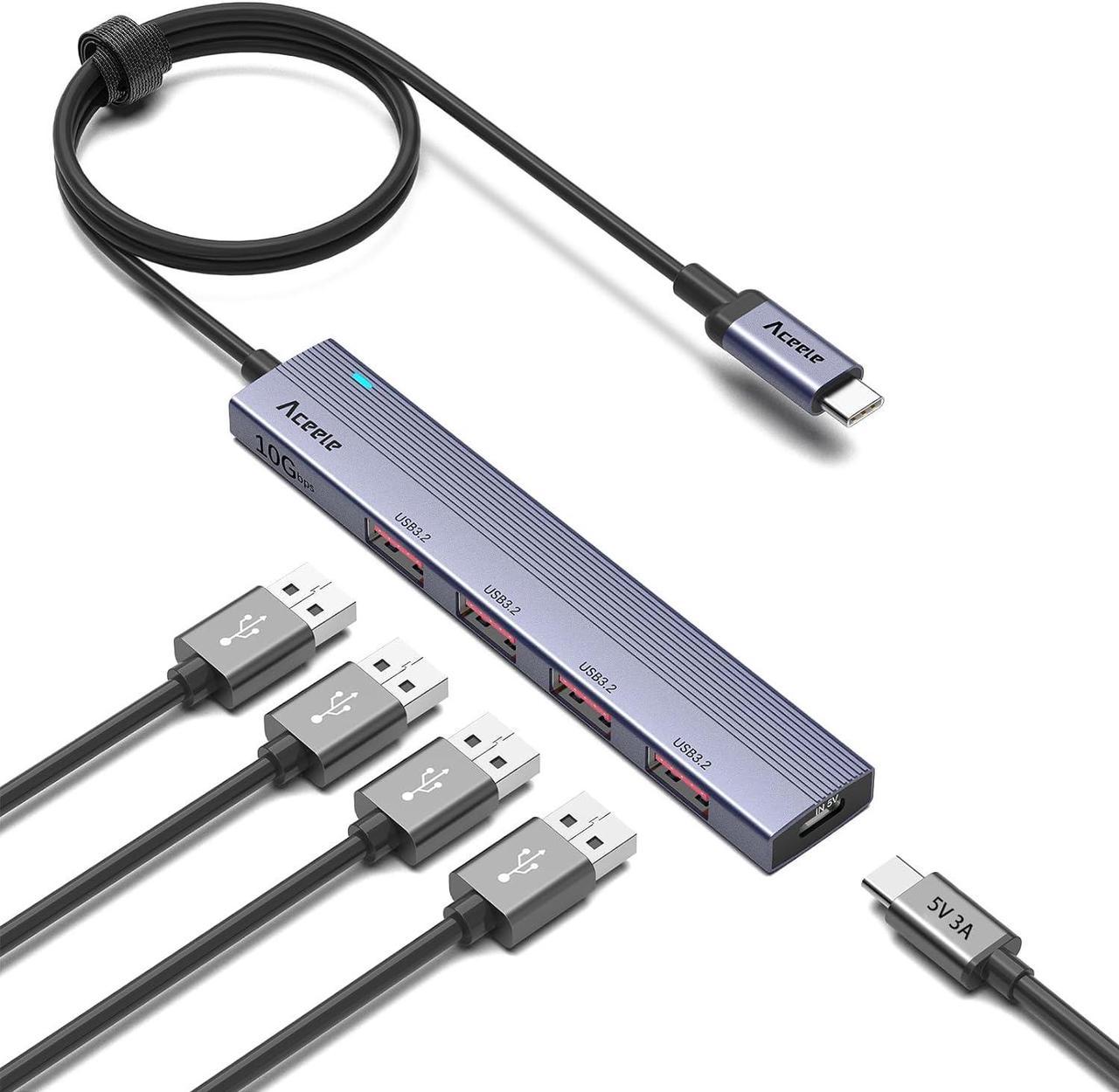 Aceele 10Gbps USB C Hub with 4 USB A 3.2 Ports, USB 3.2 Gen 2 3.3ft USB Cable Extender Hub with USB-C Power Port for MacBook Pro 2021, iPad Pro 2021, HP Envy 13, Surface Pro 7 and Other laptops or PC