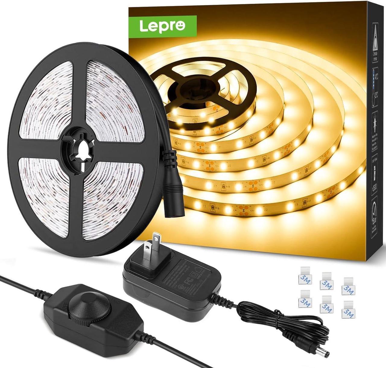 Lepro LED Strip Lights, 16.4ft 12V Dimmable and Flexible 3000K Warm White Strip Lights, 300 Units 2835SMD Tape Light for Home, Kitchen, Bedroom, Car and More, Non Waterproof, Power Adapter Included