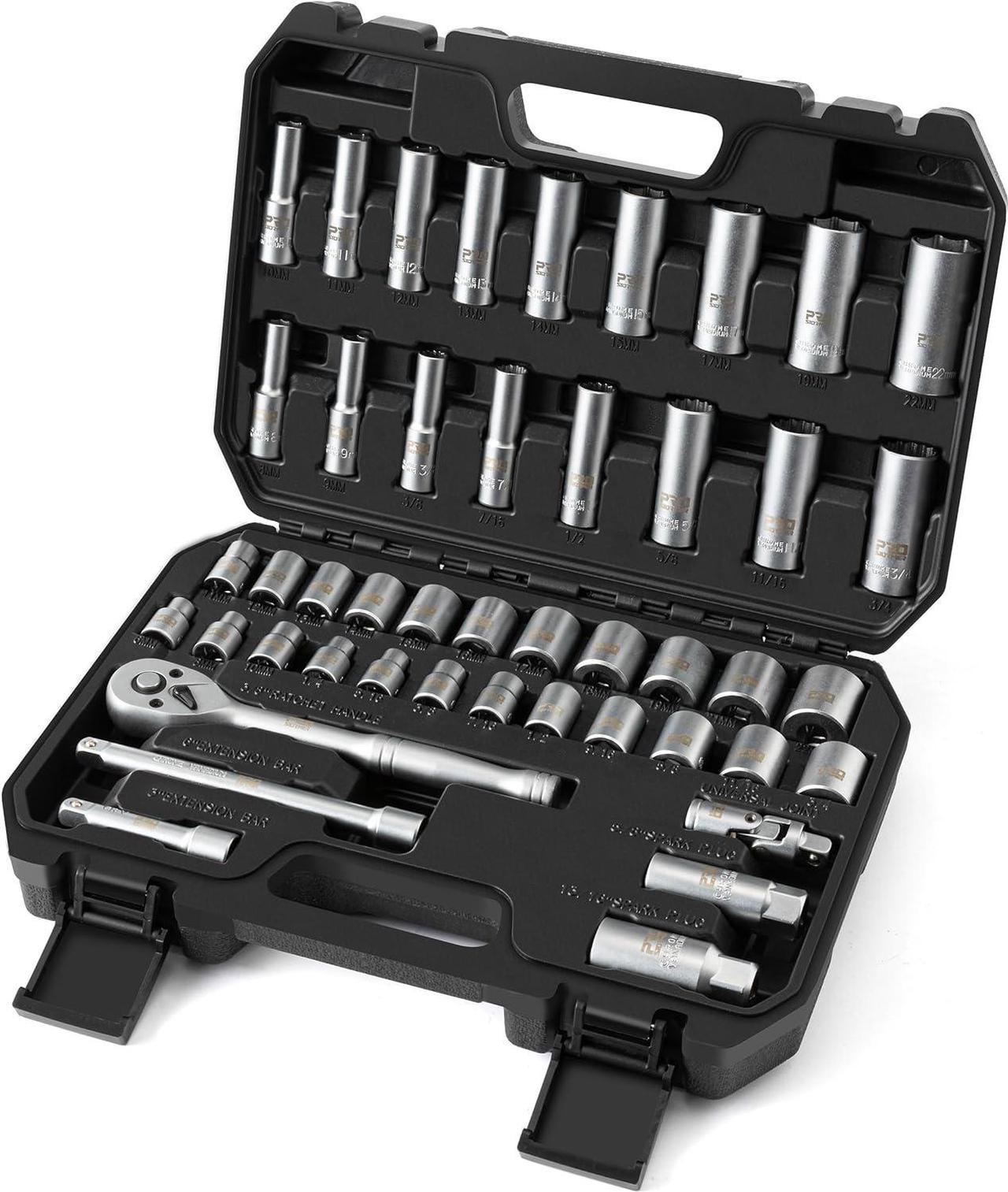 46-Piece Drive Socket Wrench Set, 3/8 Impact Socket Mechanic Tools SAE/Metric with 72 Tooth Ratchet, Universal Joint, Extension Bars