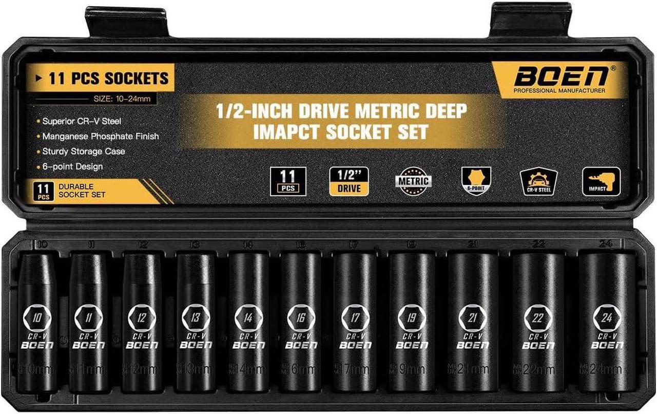 BOEN 1/2" Drive Deep Impact Socket Set, 11 Pieces Socket Set Metric 10-24mm, 6 Point Design, Cr-V Steel, Laser Marking, Durable Storage Case, Meets ANSI Standards