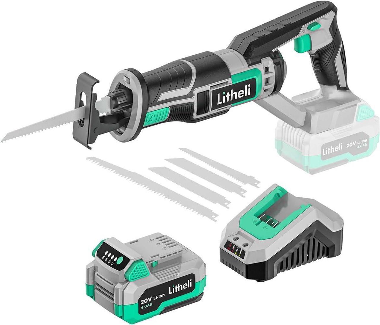 Litheli Reciprocating Saw Cordless, Powerful Hand Saw Kit with 20V 4.0 Ah Battery & Fast Charger, 0-3000 SPM with Tool-Free Blades Change, Lightweight for Wood & Metal Cutting.