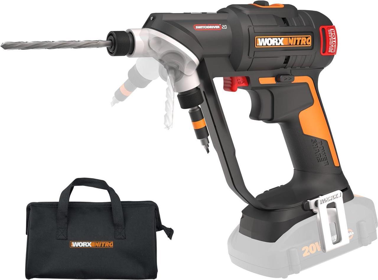 Worx Nitro 20V SwitchDriver 2.0, 2-in-1 Brushless Cordless Drill Driver, 2-in-1 Drill Set Rotatable Dual 1/4" Chucks, Compact Cordless Drill with Digital Torque Setting WX177L.9  (Tool Only)