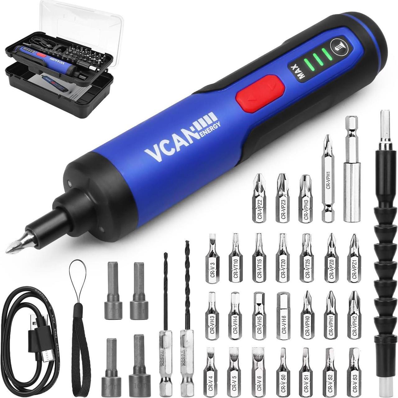 VCANENERGY 4V Electric Screwdriver,2000mAh USB Rechargeable Battery,Cordless Power Screwdriver with LED Light,Adjustable Torque,38 in 1,Suitable for small projects