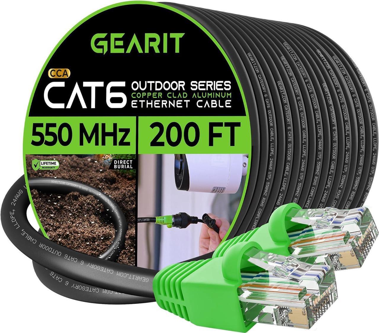 GearIT Cat6 Outdoor Ethernet Cable (200 Feet) CCA Copper Clad, Waterproof, Direct Burial, In-Ground, UV Jacket, POE, Network, Internet, Cat 6, Cat6 Cable - 200ft