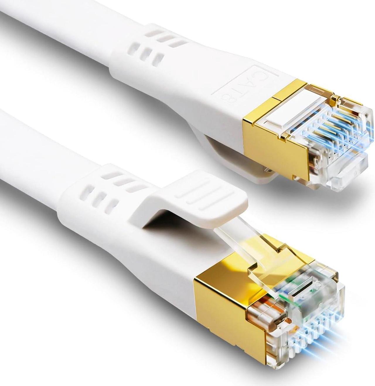 Cat 8 Ethernet Cable 25 FT, HUGIN 40Gbps 2000MHz Flat High Speed CAT8 Internet Network LAN Cable, Indoor&Outdoor Shielded RJ45 Patch Cable Cord with Clips for Gaming,Router, Switch, PS5, PC (White)