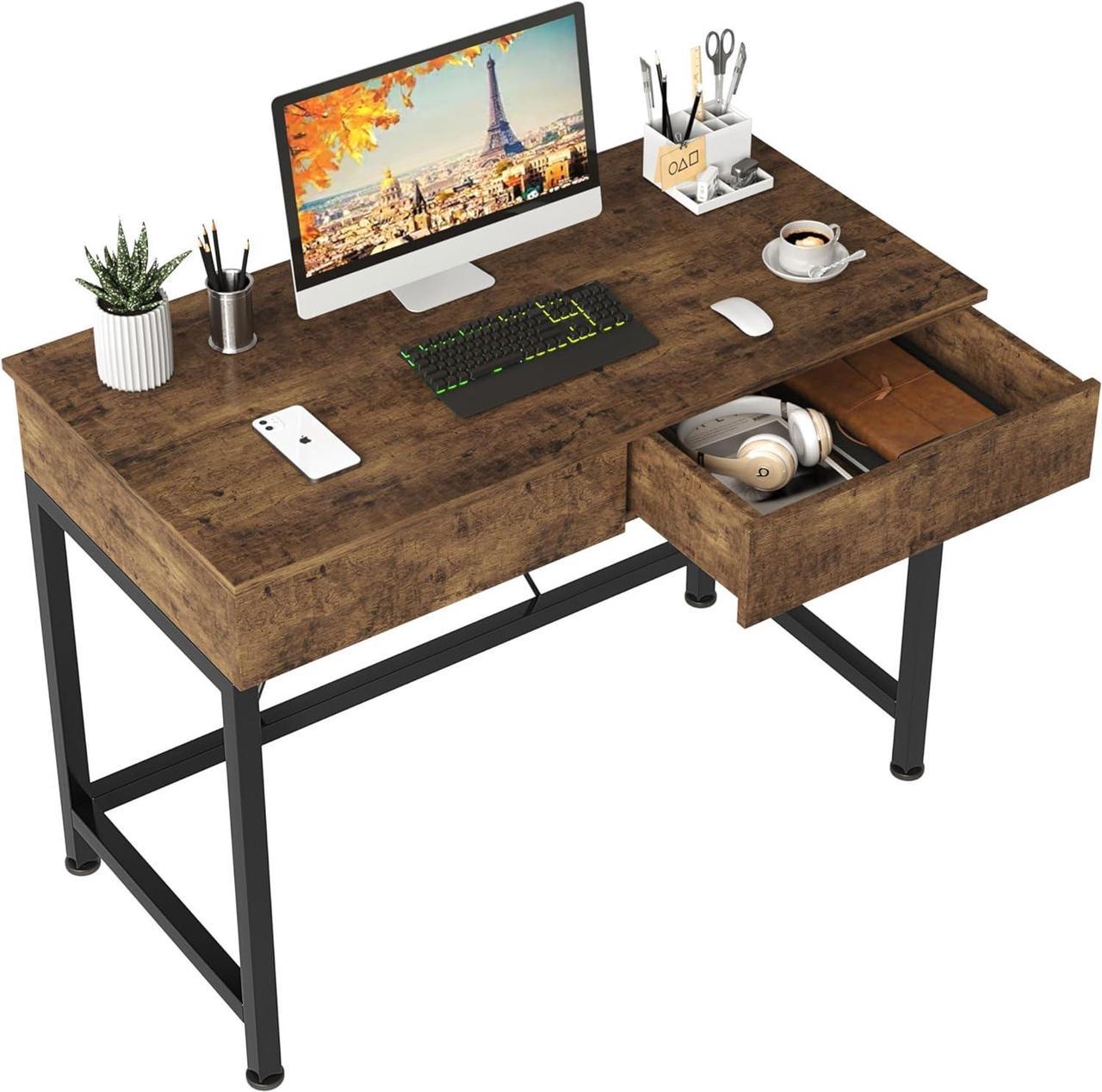 CAIYUN Computer Desk with Drawers, Vanity Desk, Make Up Desk, Home Office Desk with Storage, Study Table for Small Space, Laptop Table Made of Wood and Metal, 39.4", Brown