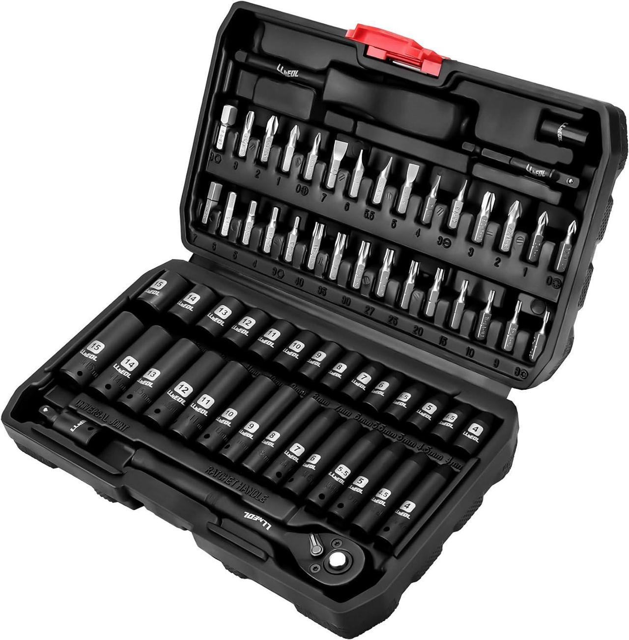 LLNEDL 1/4 inch Impact Socket Set, 63 Piece Drive Socket Wrench Set Metric (4-15mm) Deep and Shallow 6 Point, Automotive Tool Kit with 72T Ratchet for Bicycle & Car Repairing