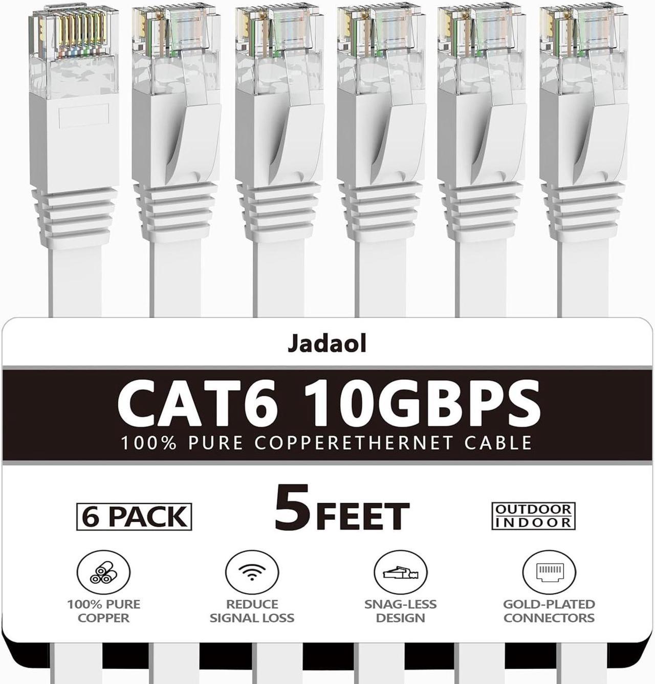 Cat 6 Ethernet Cable 5 Ft (6Pack), Outdoor&Indoor, 10Gbps Support Cat 7 Network, Heavy Duty Flat Internet LAN Patch Cord, High Speed Weatherproof Cable for Router, Modem, Xbox, PS4, Switch, White