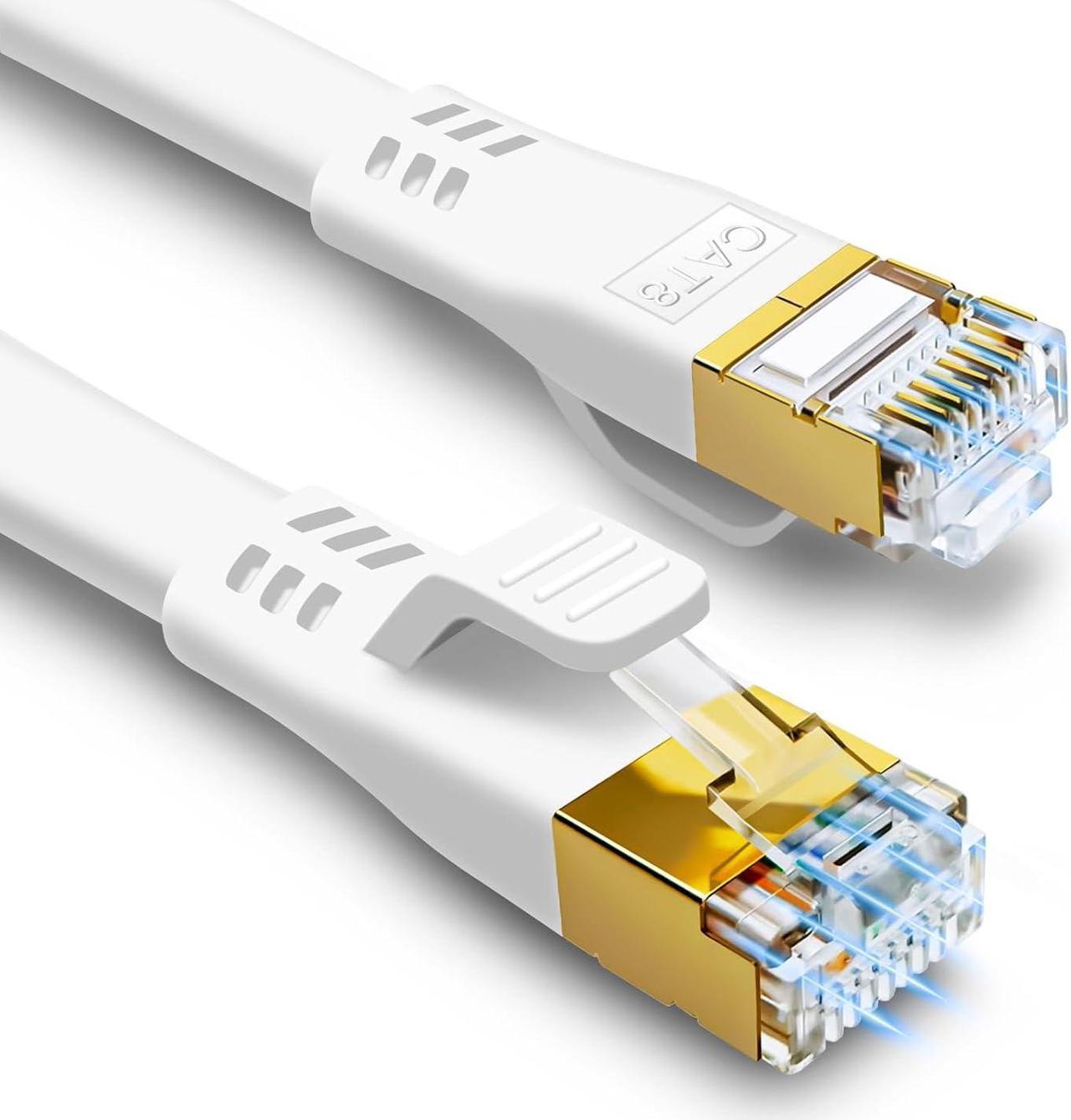 HUGIN CAT8 Ethernet Cable 50 FT, (Gaming-Grade) High Speed Flat Gigabit Internet Network LAN Wire, 40Gbps 2000Mhz Patch Cord with 24K Gold-Plated RJ45 Connector for X Box, PS5/4, Switch, PC (White)