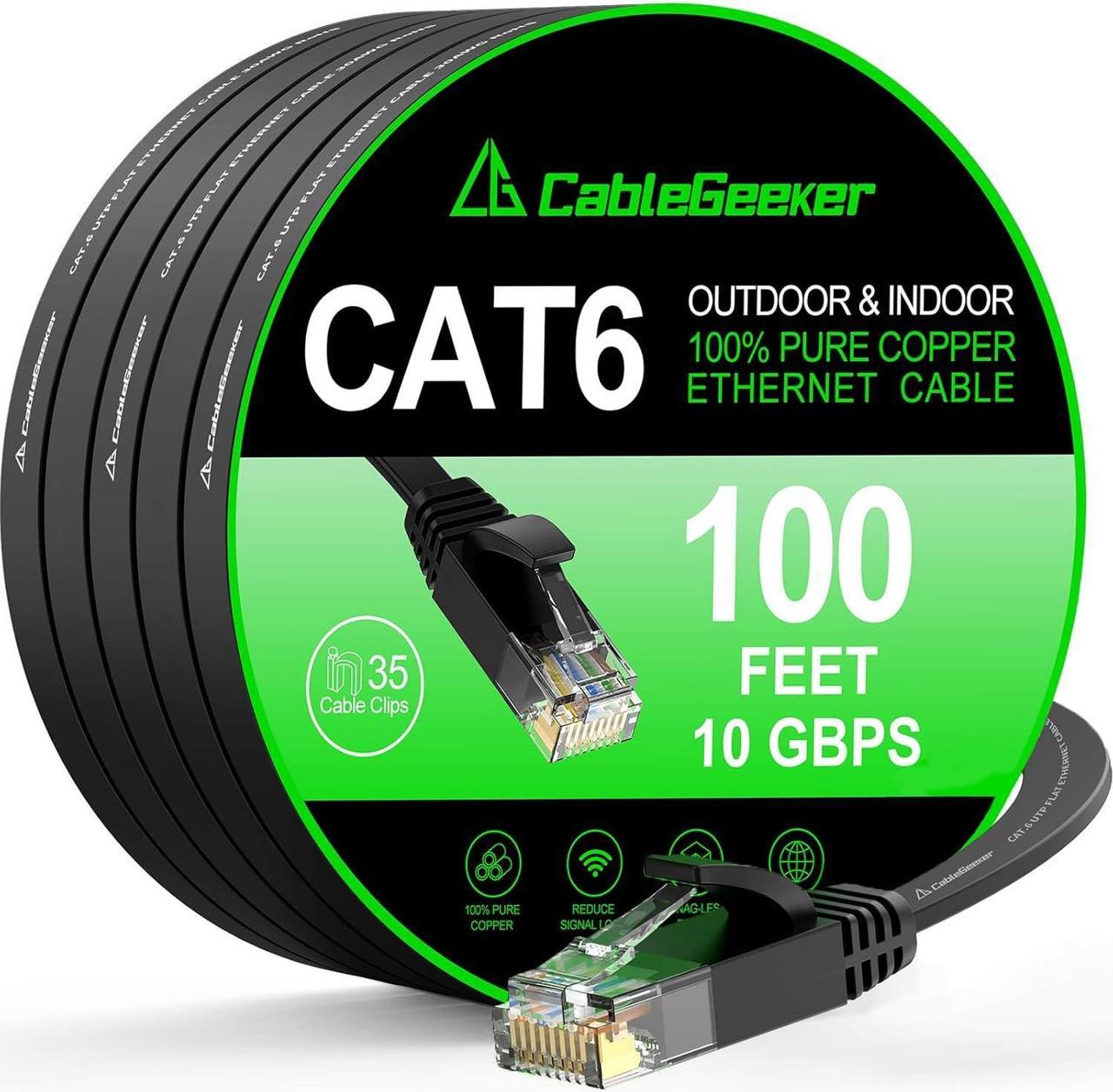 Cat 6 Ethernet Cable Black (at a Cat5e Price but Higher Bandwidth) Cat6 Flat Internet Network Cables - Ethernet Patch Cable - Short Computer LAN Cable with Snagless RJ45 Connectors (100ft)