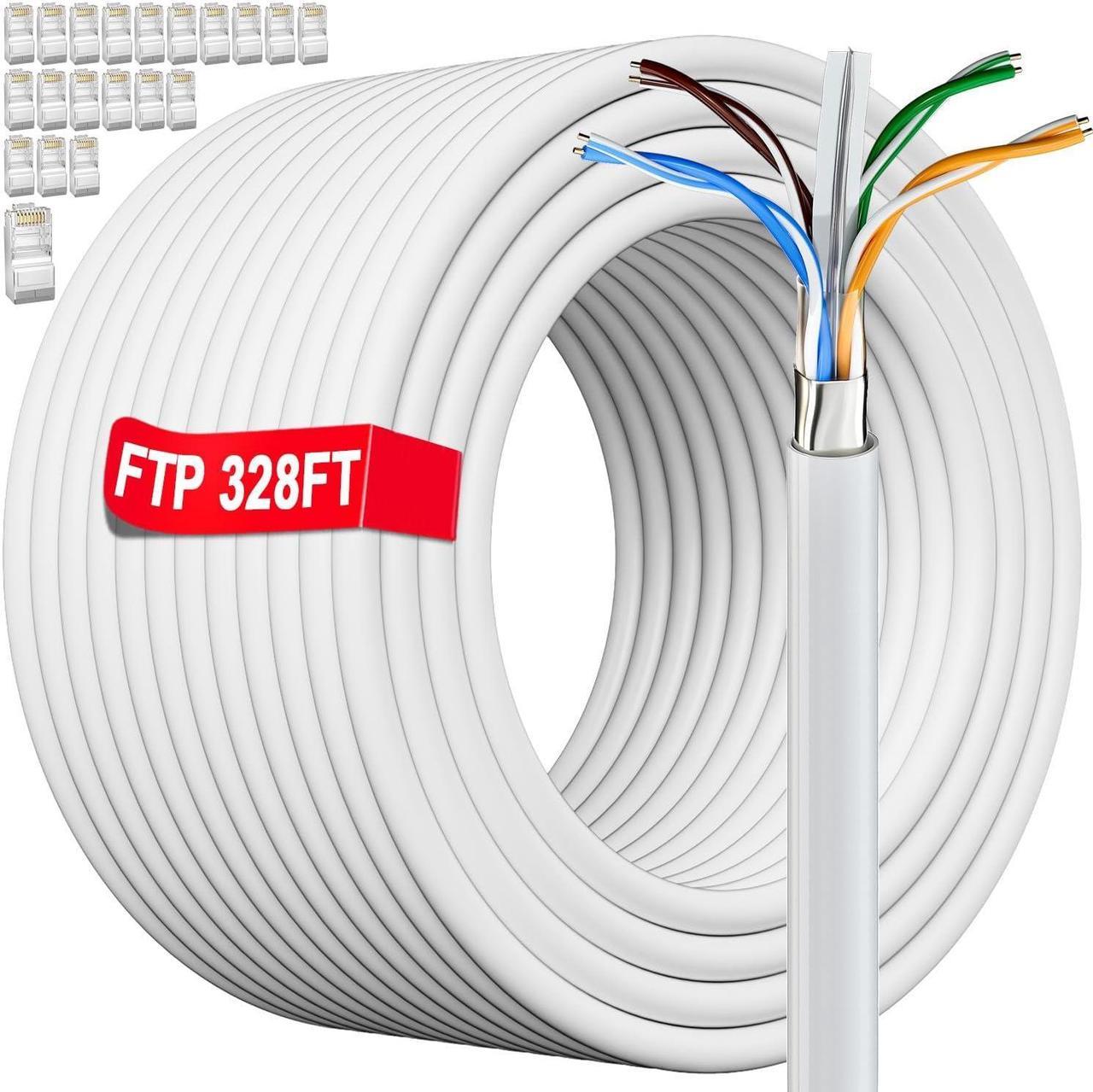 Cat 6 Ethernet Cable Shielded (328 ft), Cat 6 Cable Outdoor Shielded White, Heavy Duty, 23AWG, Direct Burial, Waterproof, In-Ground, UV Resietant, FTP Internet Network Cable for Router Gaming, CCA