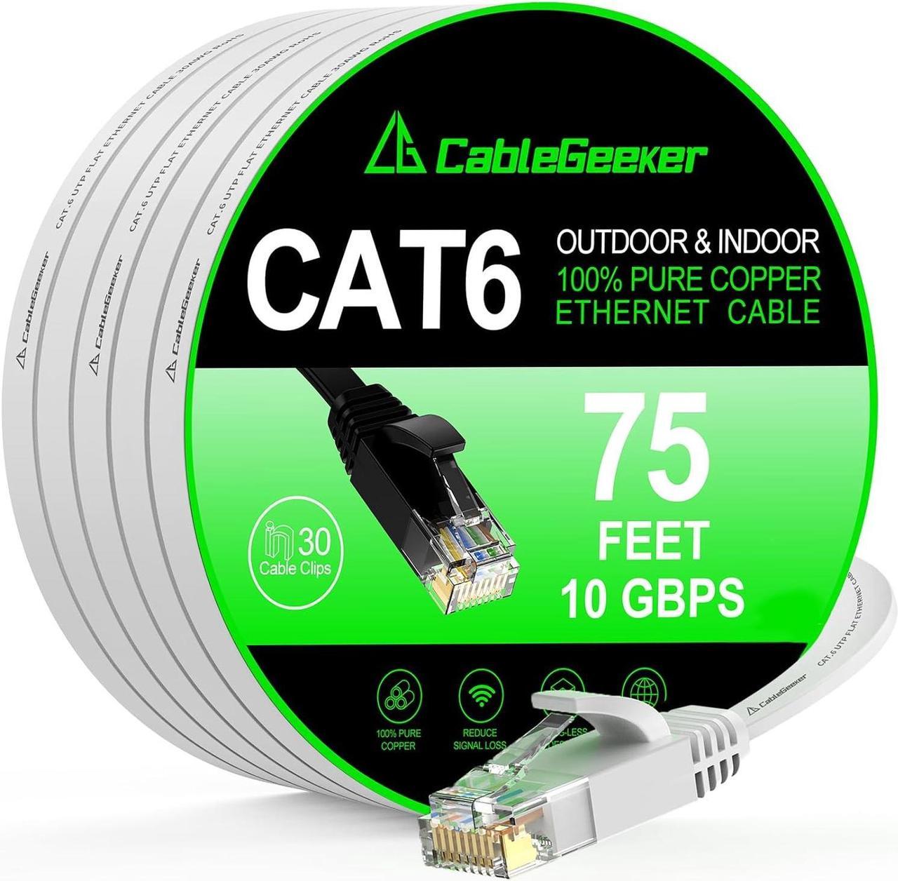 Cat 6 Ethernet Cable 75 ft White Flat (at a Cat5e Price but Higher Bandwidth) Cat6 White 10Gbps Internet Network Cable - Computer LAN Cable - Long Patch Cables with Cable Clips and Straps