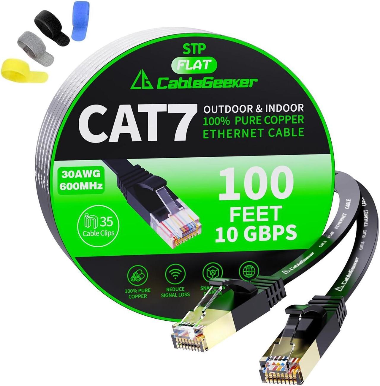 Cat7 Shielded Ethernet Cable 100ft (Highest Speed Cable) Flat Ethernet Patch Cable Support Cat5/Cat6 Network,600Mhz,10Gbps - Black Computer Cord + Clips and Straps for Router Xbox