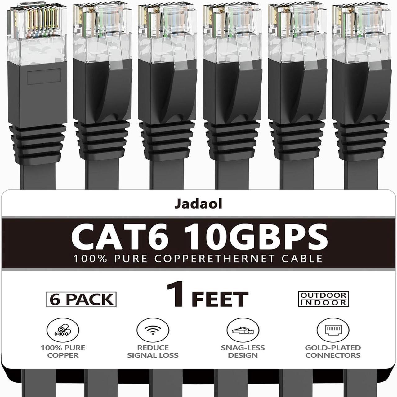 Cat 6 Ethernet Cable 1 Ft (6Pack), Outdoor&Indoor, 10Gbps Support Cat 7 Network, Heavy Duty Flat Internet LAN Patch Cord, High Speed Weatherproof Cable for Router, Modem, Xbox, PS4, Switch, Black