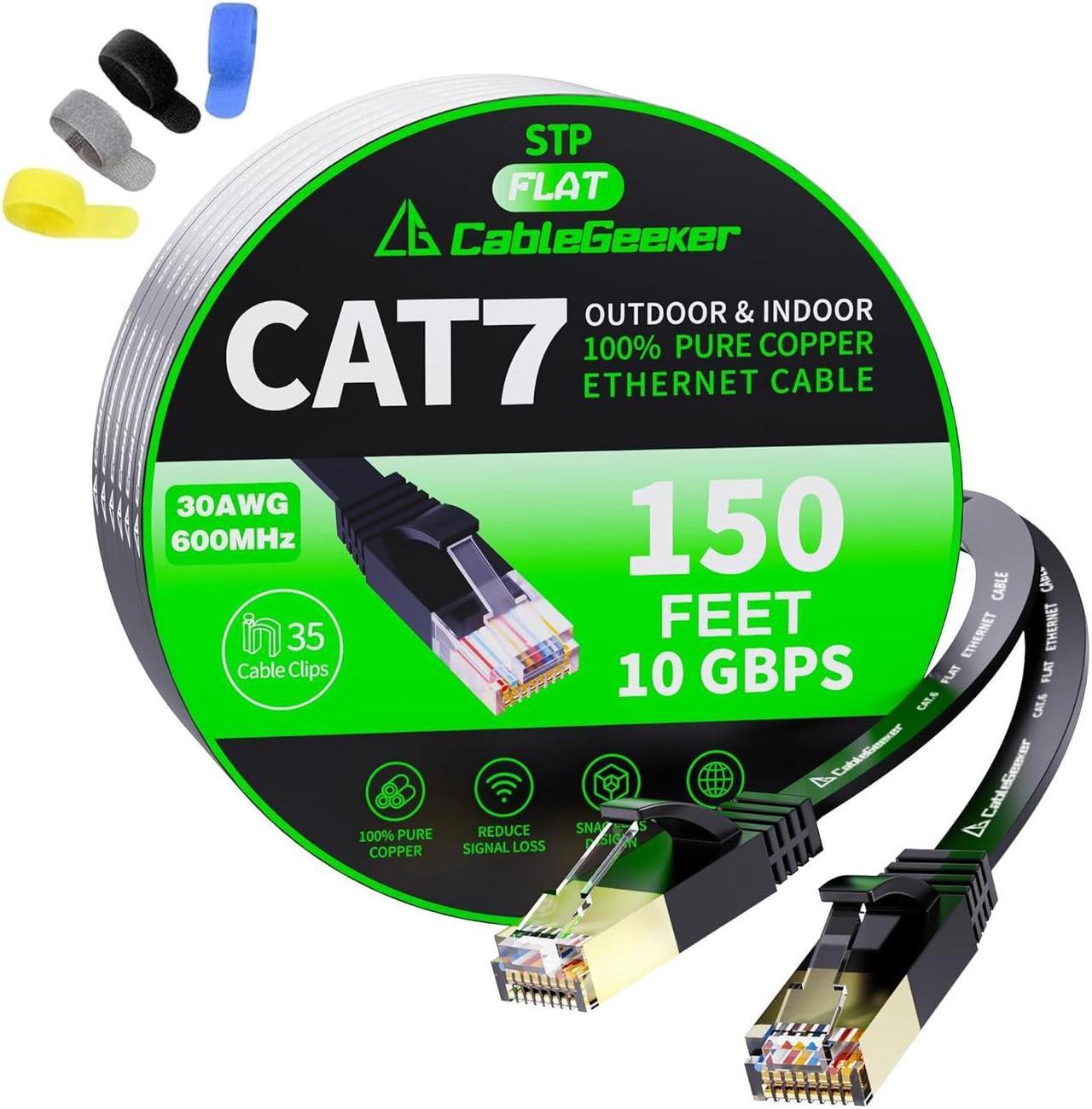 Cat 7 Ethernet Cable 150 ft (High-Speed Exceeding Cat5e/5/6/6e), 600Mhz 10Gbp Flat Internet Cable, Internet Network Computer Cord LAN Wire with Gold Plated RJ45 Connector for Router Xbox Modem-Black