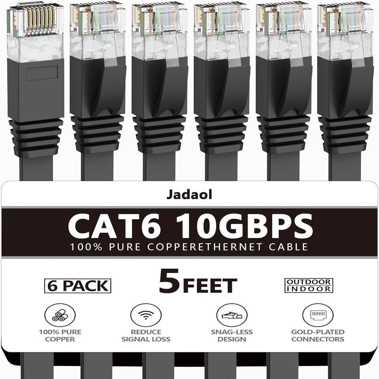 Cat 6 Ethernet Cable 5 Ft (6Pack), Outdoor&Indoor, 10Gbps Support Cat 7 Network, Heavy Duty Flat Internet LAN Patch Cord, High Speed Weatherproof Cable for Router, Modem, Xbox, PS4, Switch, Black