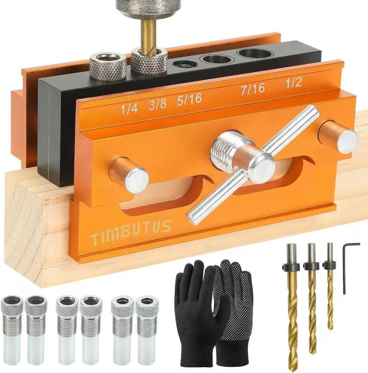 Self Centering Doweling Jig Kit - Adjustable Width Dowel Jig Kit for Straight Holes, Biscuit Joiner Set, 6 Bushings, 3 Size Drill Bits - Woodworking Precision Tool