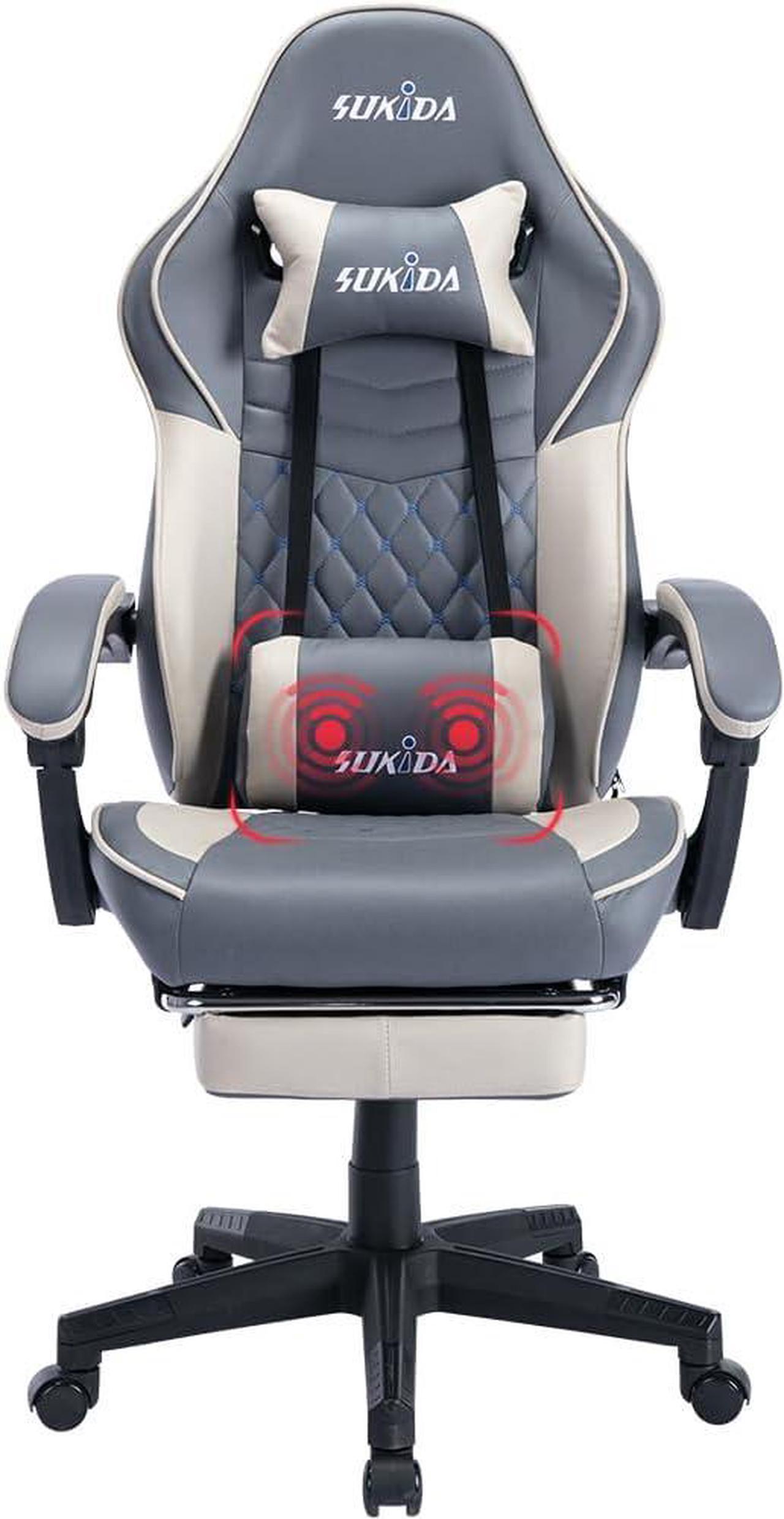 SUKIDA Grey Gaming Chair Massage - Gamer Chair Adult Gamers Choice Size Cool Big People, Fbric PC Video Game Ergonomic Gamingchair with Footrest, Racing Office Computer Reclining Comfortable Recliner