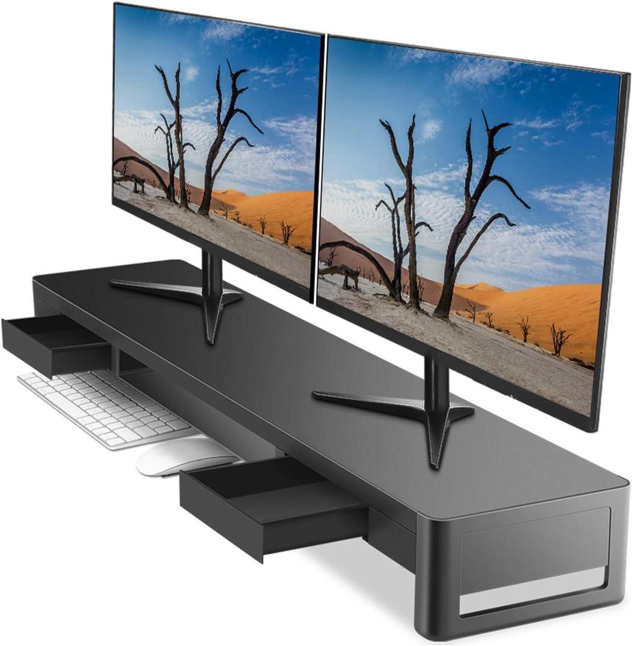 Meatanty Dual Monitor Stand Riser with 2 Storage Drawers, Metal Computer Monitor Stand Monitor Shelf with Pull Out Drawer, Keyboard and Mouse Storage Desktop Organizer for PC,Laptop,TV,Printer