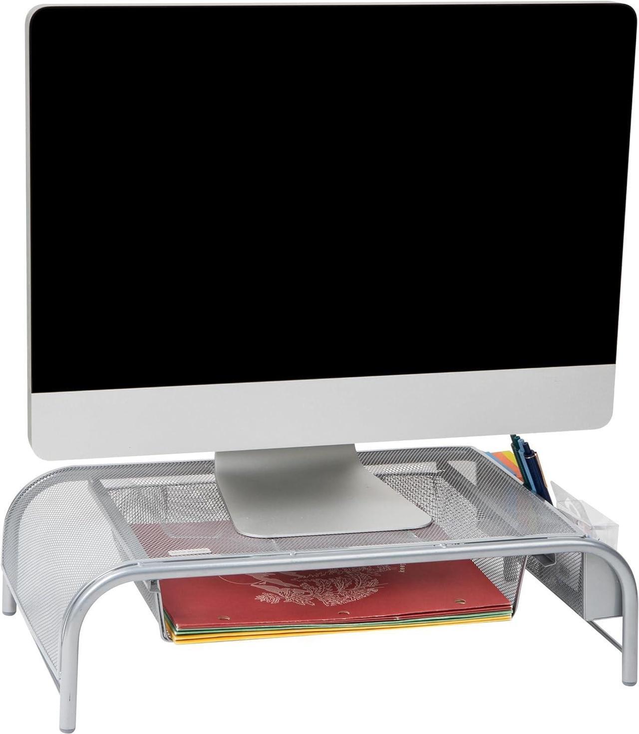 Mind Reader Monitor Stand, Ventilated Laptop Riser, Paper Tray, Storage, Office, Metal Mesh, 50.8L x 29.2W x 14H cm, Silver