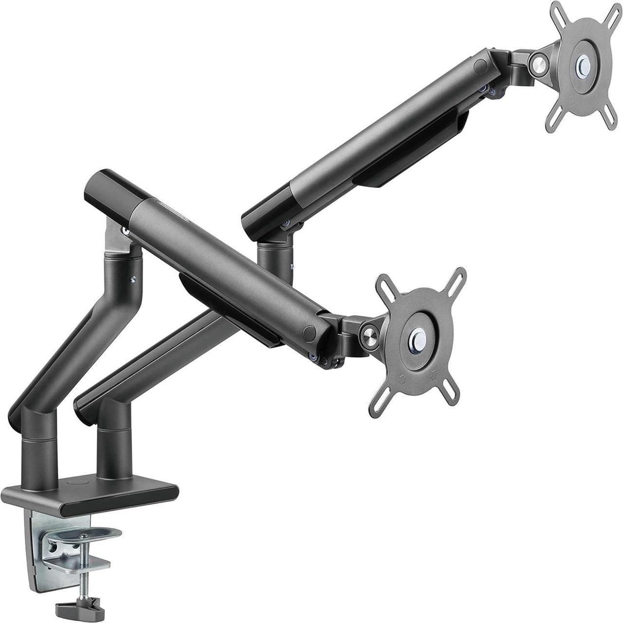 POUT E12 Dual Monitor Arm Mount Stand for Desk- Adjustable Full Motion Tilt/Swivel/Rotate 4-20lbs Capacity 75x75mm 100x100mm VESA 17"-32" Display Each- Extends 19" Forward & 17" High (Grey/Black)