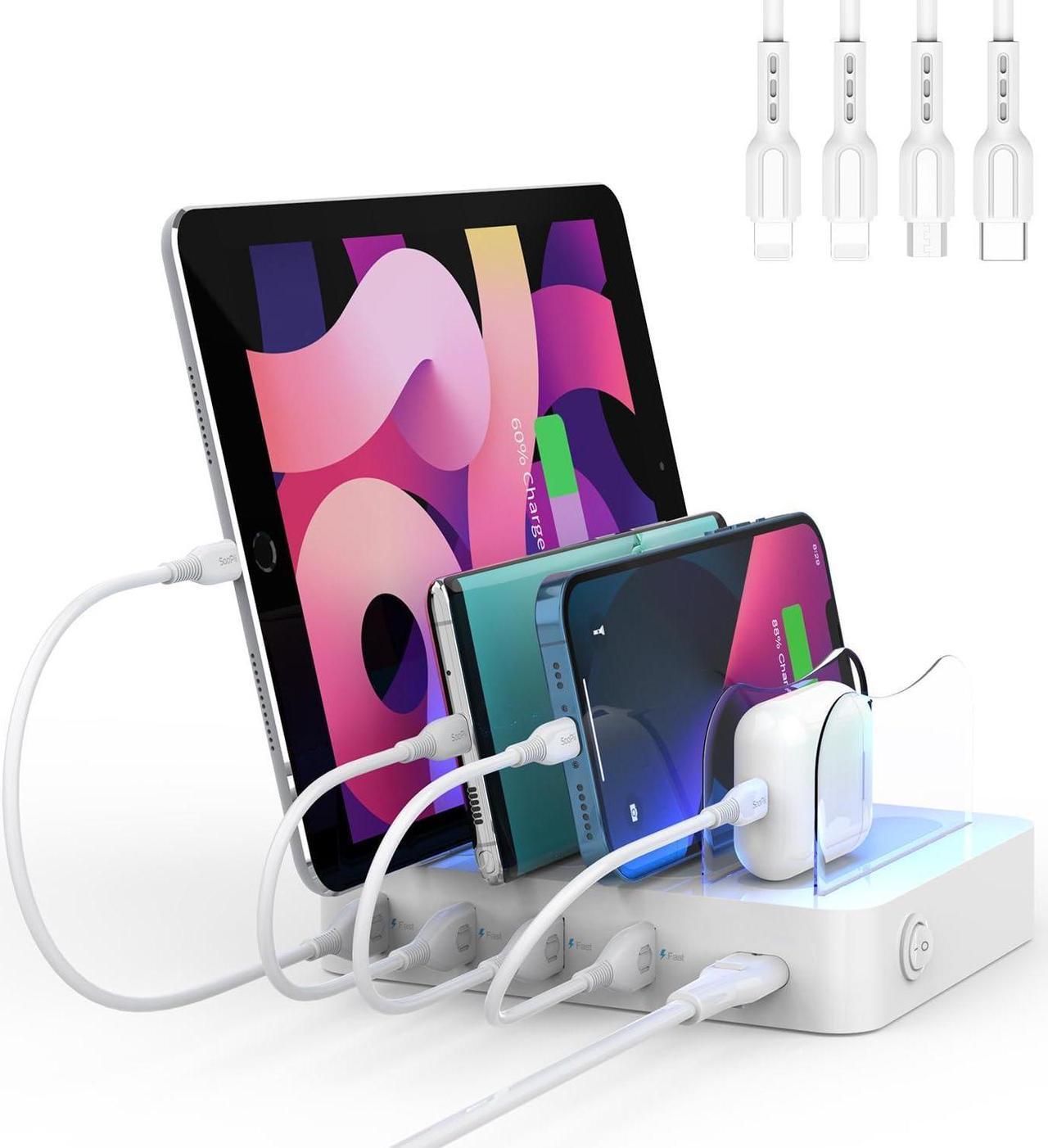 SooPii Charging Station for Multiple Devices, 4-Port Charger Station with 4 Mixed Charging Cables Included,for Home,Office,Travel