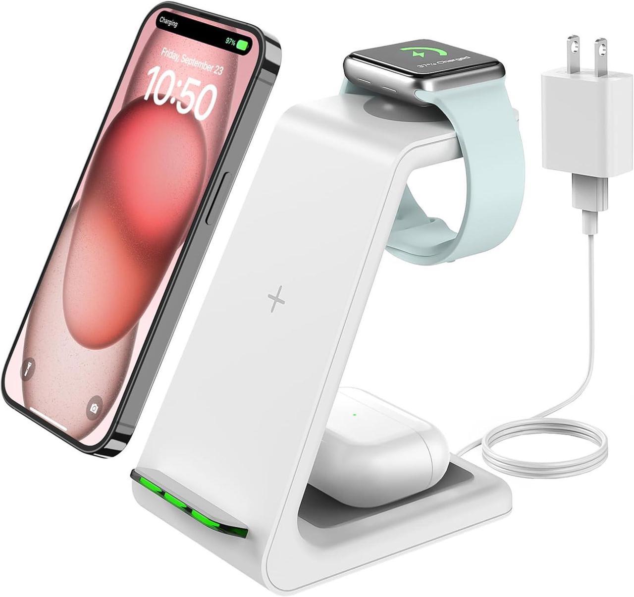 Wireless Charging Stand, GEEKERA 3 in 1 Wireless Charger Dock Station for iPhone 16 15 14 13 12 11 Pro Max Plus/X/8 Series, Apple Watch Ultra 9/SE/8/7/6/5/4/3/2, AirPods Pro/3/2