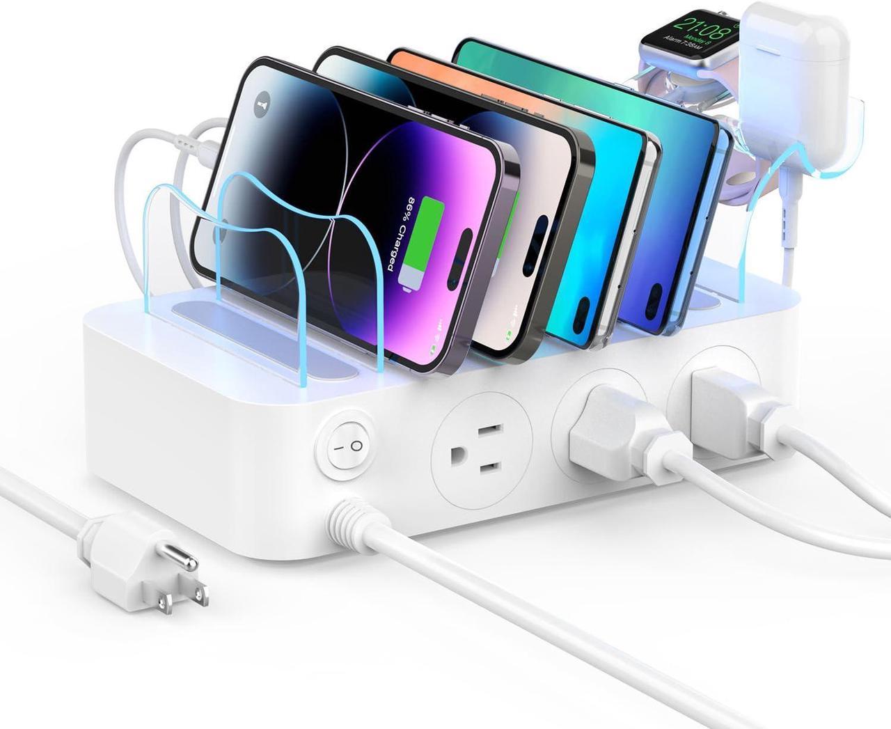 SooPii 60W 6 Port PD Charging Station for Multiple Devices, USB C Charging Dock with 3 AC Outlets, 3 USB C, 3USB A, 6ft Power Cord, Include 6 Mix Cable for lPhones,lPad and Other Electronics