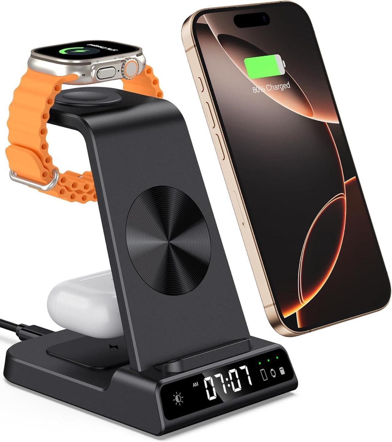 Wireless Charger for iPhone 16, 3 in 1 Charging Station for Apple Watch Ultra 2/Watch 9/8/7/6/5, for iPhone 15/14/13/12/11/X Series, AirPods 4/3/Pro (No Adapter)