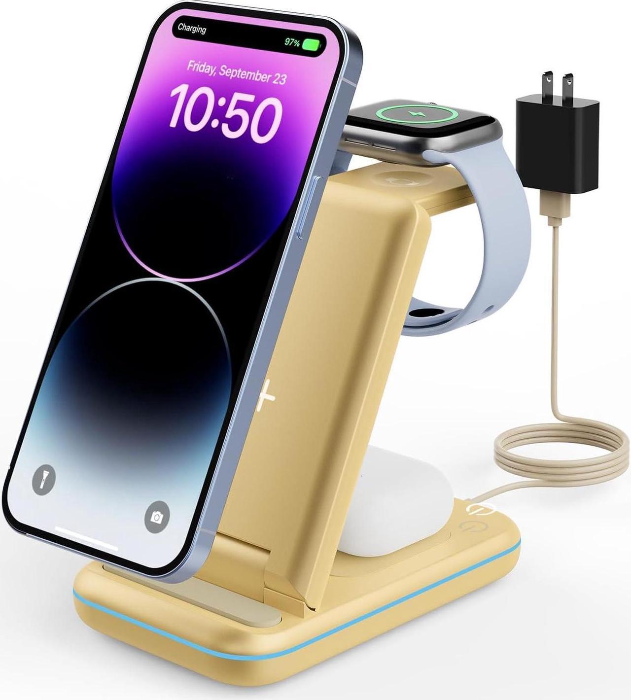 Wireless Charging Station, GEEKERA 3 in 1 Wireless Charger Stand for iPhone 16 15 14 13 12 11 Pro Max Plus/X/8 Series, Apple Watch Ultra/SE/8/7/6/5/4/3/2, AirPods Pro/3, Samsung Qi Phones