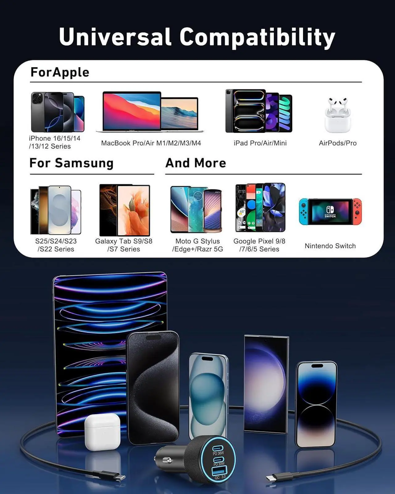 Alt view image 7 of 7 - USB C Car Charger 3-Port 67W Dual USB-C & USB-A Car Power Adapter PD/QC Fast Charging Cigarette Lighter for iPhone 16/15/14/13/12/11/Pro Max iPad  Galaxy S25 S24/S23/S22/S21 Pixel Android