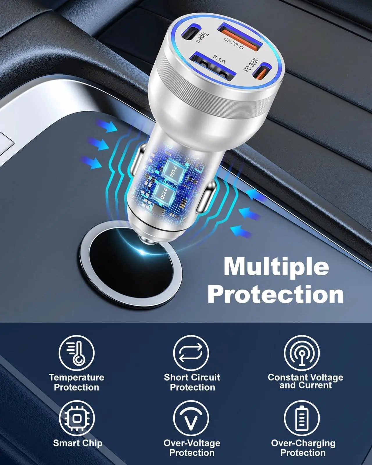 Alt view image 6 of 7 - USB C Car Charger 2Pack 4-Port 65W Fast Car Charger Dual USB-C & USB-A Cigarette Lighter Car Power Adapter PD3.0&QC3.0 Fast Charging for iPhone 16 15 14 13 12 Pro Max iPad Galaxy S25 S24 S23