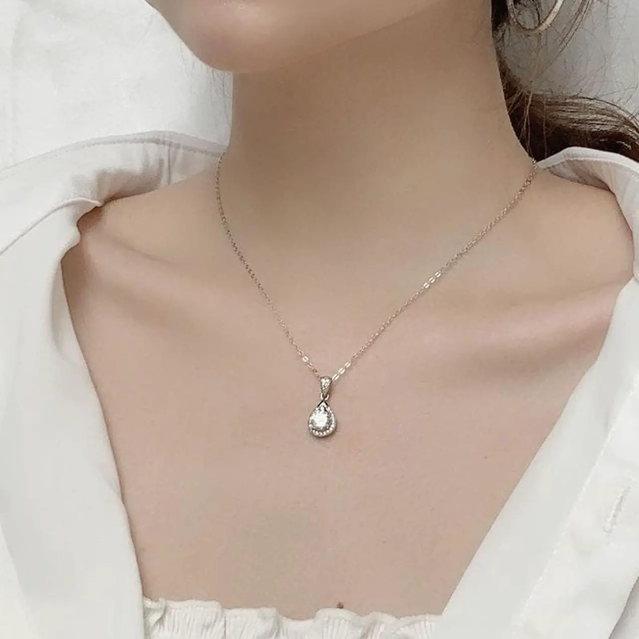 Alt view image 4 of 7 - 1CT Moissanite 925 Sterling Silver Necklace for Women's Retro Personalized Water Drop Pendant Clavicle Necklace - Female Girlfriend Wedding Jewelry