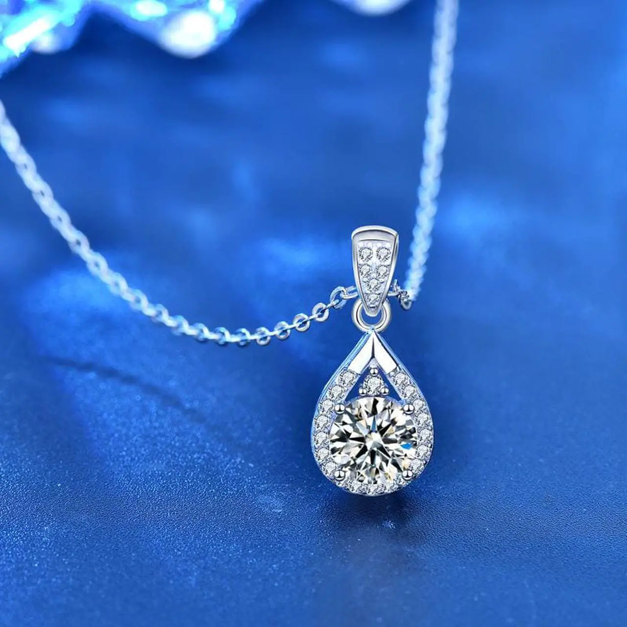 Alt view image 2 of 7 - 1CT Moissanite 925 Sterling Silver Necklace for Women's Retro Personalized Water Drop Pendant Clavicle Necklace - Female Girlfriend Wedding Jewelry