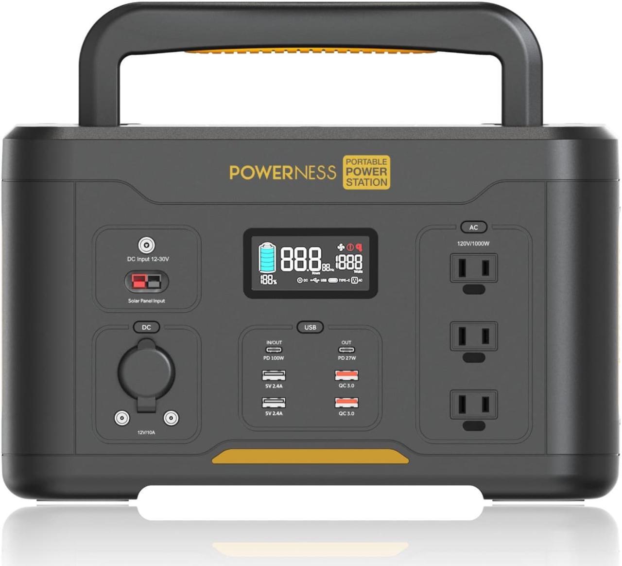 POWERNESS 1000W Portable Power Station,1166Wh Solar Generator,3*110V AC Outlets,100W PD Quick Charge, LED Flashlight, Emergency Backup Supply for Power Outage Camping Off-Grid